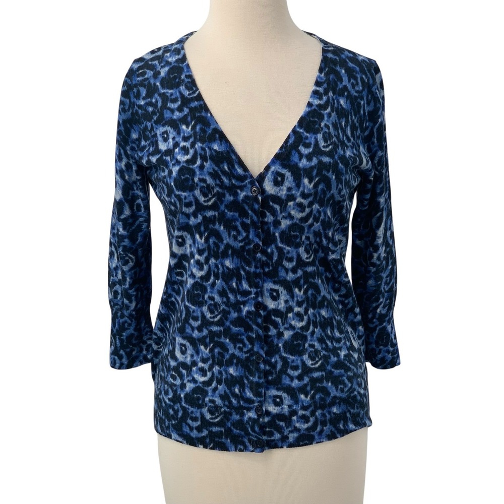 Talbots Women's 3/4 Sleeve Blue Pattern Button Front Merino Wool Cardigan Size M